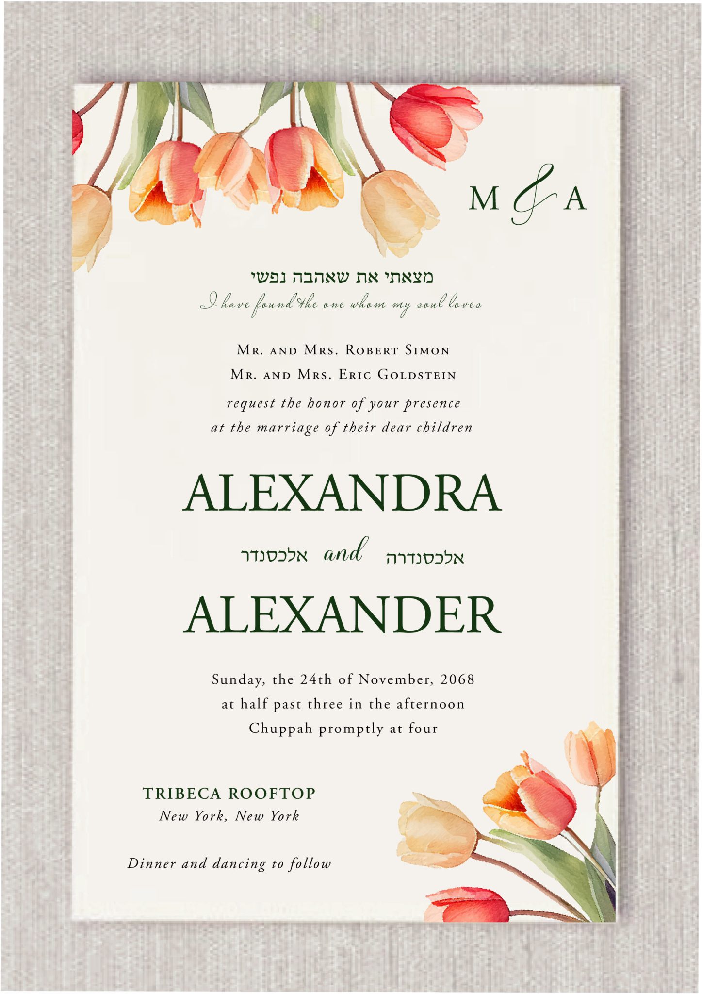 Celebrate your love with the Tulip Garden Arch Jewish Wedding Invitation, a beautifully designed card featuring vibrant watercolor tulips, gracefully arranged in both top corners to frame your wedding details with elegance and color. A personalized monogram of the couple’s initials is nestled beside the tulips, adding a refined and custom touch. At the center of the invitation, the meaningful verse "I have found the one whom my soul loves" is featured in both Hebrew and English, presented in elegant script font beneath the floral arch. The couple’s names are displayed in a clean, modern font, with the option to include Hebrew names, blending tradition with contemporary design. Perfect for a modern yet meaningful celebration, this Jewish wedding invitation honors heritage with beauty, personalization, and style.