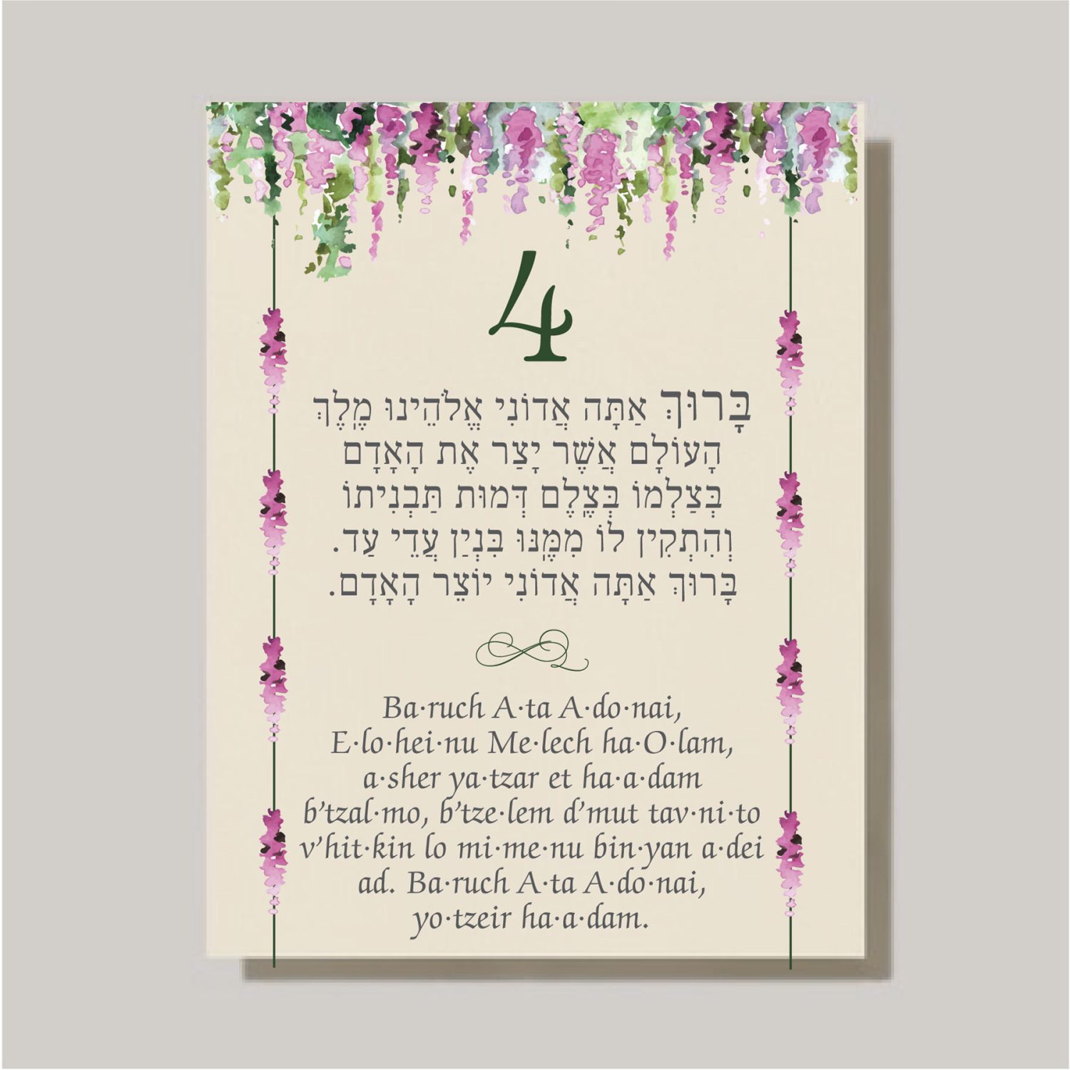 Make the Chuppah Moment Truly Special with Our Sheva Brachot (Seven Blessings) Cards Planning a Jewish wedding? Our beautifully designed Sheva Brachot (Seven Blessings) cards are a must-have for anyone participating in this meaningful tradition. These blessings are a central part of the Chuppah ceremony, and our cards help bring them to life with elegance and clarity. Featuring easy-to-read Hebrew and English transliteration, the cards make it simple for anyone—whether fluent or not—to recite or follow along with confidence. No more juggling a bulky siddur during the ceremony! Thoughtfully sized at 5.5" x 4.25", these cards are easy to hold or tuck into a pocket, making the