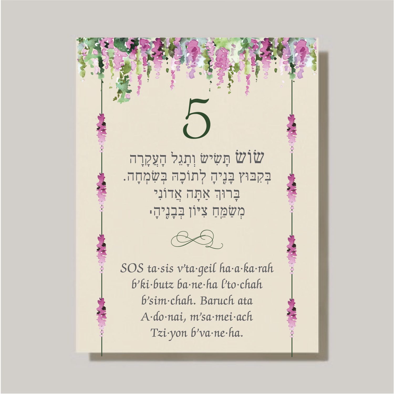 Make the Chuppah Moment Truly Special with Our Sheva Brachot (Seven Blessings) Cards Planning a Jewish wedding? Our beautifully designed Sheva Brachot (Seven Blessings) cards are a must-have for anyone participating in this meaningful tradition. These blessings are a central part of the Chuppah ceremony, and our cards help bring them to life with elegance and clarity. Featuring easy-to-read Hebrew and English transliteration, the cards make it simple for anyone—whether fluent or not—to recite or follow along with confidence. No more juggling a bulky siddur during the ceremony! Thoughtfully sized at 5.5" x 4.25", these cards are easy to hold or tuck into a pocket, making the
