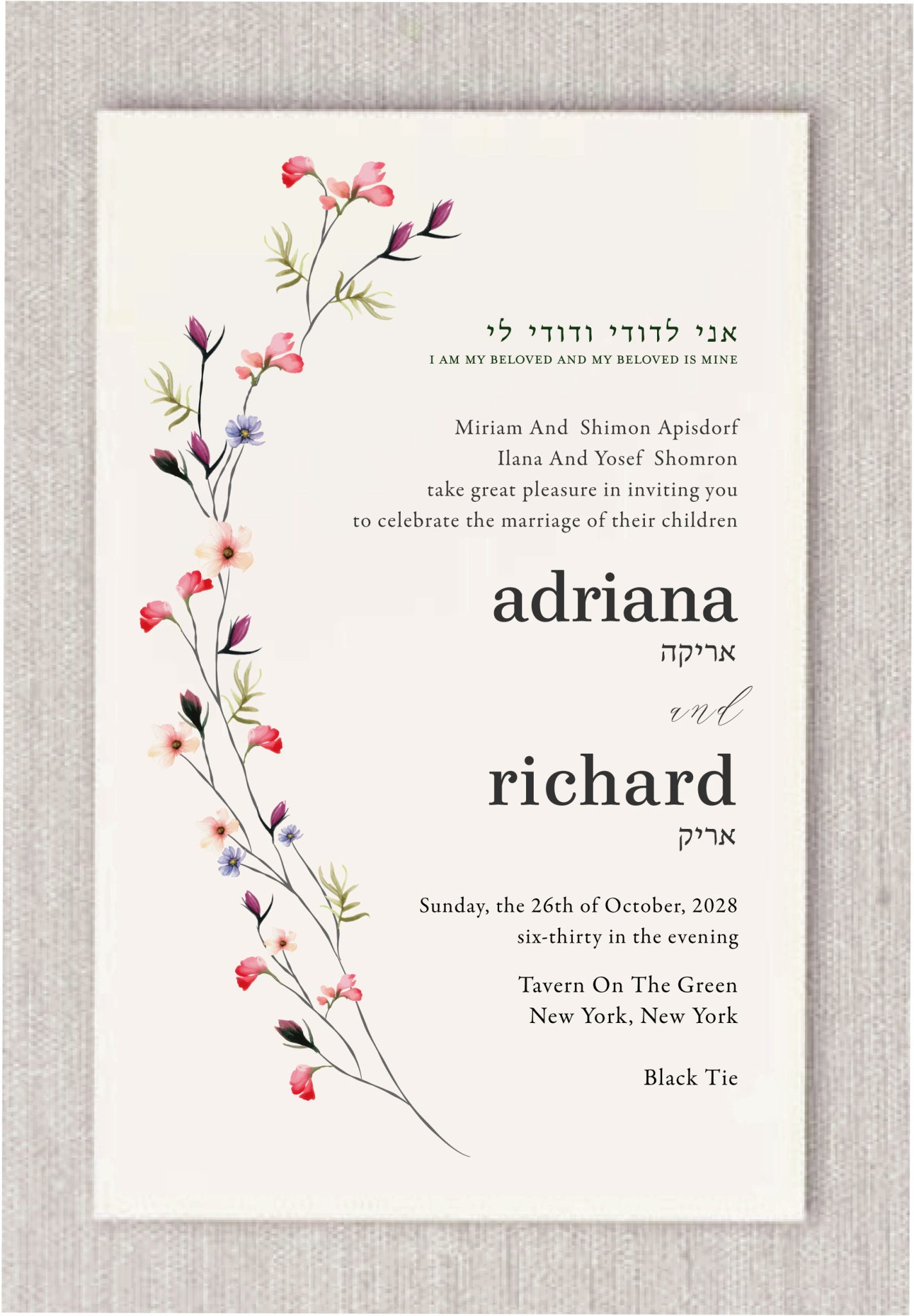 Celebrate your special day with this beautifully designed Jewish wedding invitation, featuring an artful touch of nature. A single stem of delicate watercolor wildflowers adds a whimsical and romantic flair, perfectly complementing the couple’s heartfelt message. At the top of the invitation, the timeless Hebrew wedding quote, "I have found the one whom my soul loves" (Song of Solomon 3:4), is thoughtfully displayed in both Hebrew and English, bringing spiritual depth and poetic beauty to the design. The names of the bride and groom are elegantly printed in modern Hebrew and English fonts, offering a personalized and contemporary look. This invitation blends tradition with modern elegance, making it a perfect choice for a Jewish wedding with a natural, romantic, or rustic theme. Whether you're planning a traditional ceremony or a modern Jewish wedding, this invitation sets the tone with grace, meaning, and artistic charm.
