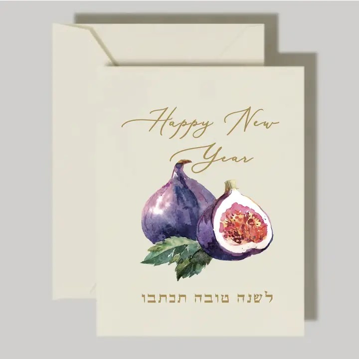 Celebrate the Rosh Hashanah Jewish New Year with our vibrant purple fruit design, featuring a watercolor masterpiece that captivates the senses. The card wishes a Happy New Year and "L'Shanah Tovah Tikatevu" in gold foil. The fruit symbol adds elegance and symbolism to the design. Inside: "Many wishes for a sweet and happy New Year" and "L'Shanah Tovah" in Hebrew.