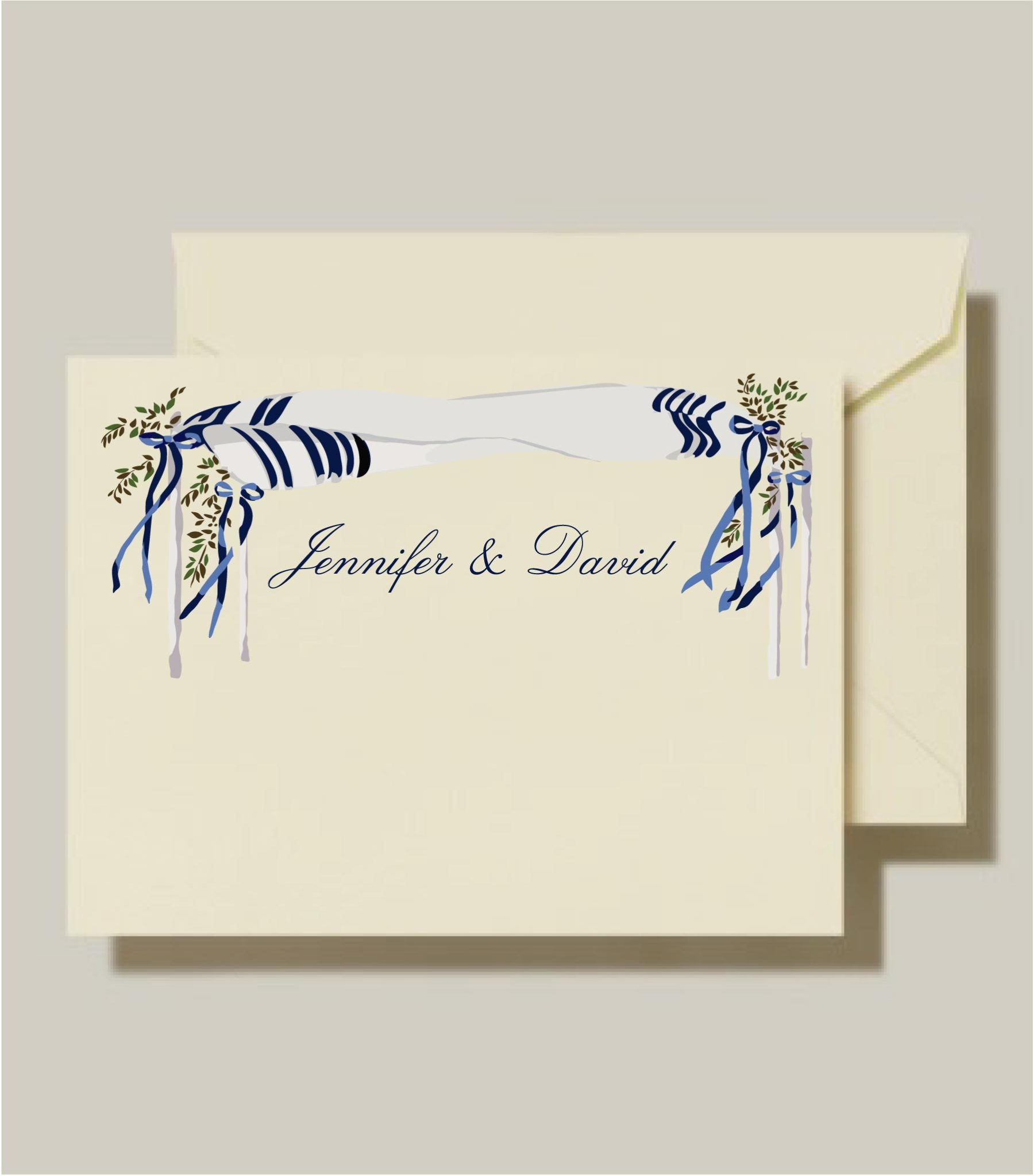 Jewish Thank You Cards are adorned with a beautifully detailed grey tallit chuppah design, framing your names in elegant script. Perfect for a Jewish wedding under the chuppah, bar mitzvah, or any meaningful celebration, these cards are easy to customize online. Each set includes blank Euro-flap envelopes for your convenience.