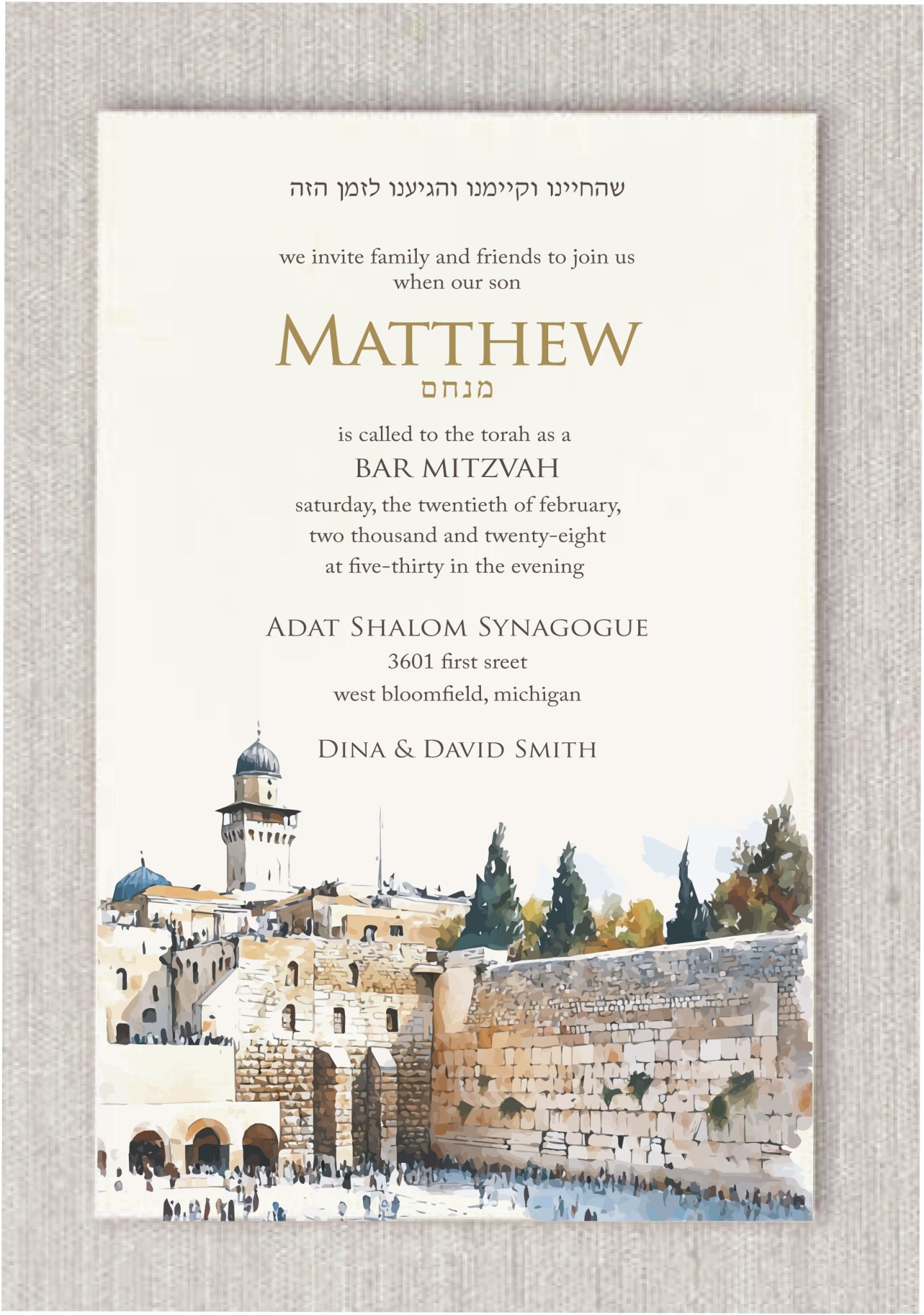Celebrate this sacred milestone with a beautifully designed Bar Mitzvah invitation inspired by the holiest site in Judaism — the Kotel HaMa’aravi (Western Wall) in Jerusalem. This meaningful design features a vibrant artistic depiction of the Western Wall, where generations have gathered to pray, reflect, and celebrate. Symbolizing peace, faith, and spiritual unity, the invitation reflects the essence of a timeless Bar Mitzvah ceremony in the heart of Jerusalem, the eternal city. At the top, the heading is elegantly presented in Hebrew: “שהחיינו וקיימנו והגיענו לזמן הזה” A poetic and heartfelt blessing recited on special occasions, honoring the moment with emotional depth and spiritual beauty. The Bar Mitzvah boy’s name is printed in a modern, stylish font in both Hebrew and English, blending sleek, contemporary design with rich Jewish heritage. Each invitation is paired with a premium Euro flap envelope, ensuring your guests receive not just an announcement, but a beautifully crafted keepsake of this meaningful celebration. For an added touch of elegance, elevate your envelopes with optional envelope liners, perfect for enhancing the unboxing experience and adding a refined, personal detail to your invitation suite.