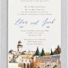 Set against the backdrop of the holiest site in Judaism, this invitation celebrates the beauty of marriage under the chuppah, symbolizing peace, love, and spiritual unity. The heading, gracefully inscribed in both Hebrew and English, reads: 