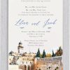 Set against the backdrop of the holiest site in Judaism, this invitation celebrates the beauty of marriage under the chuppah, symbolizing peace, love, and spiritual unity. The heading, gracefully inscribed in both Hebrew and English, reads: 