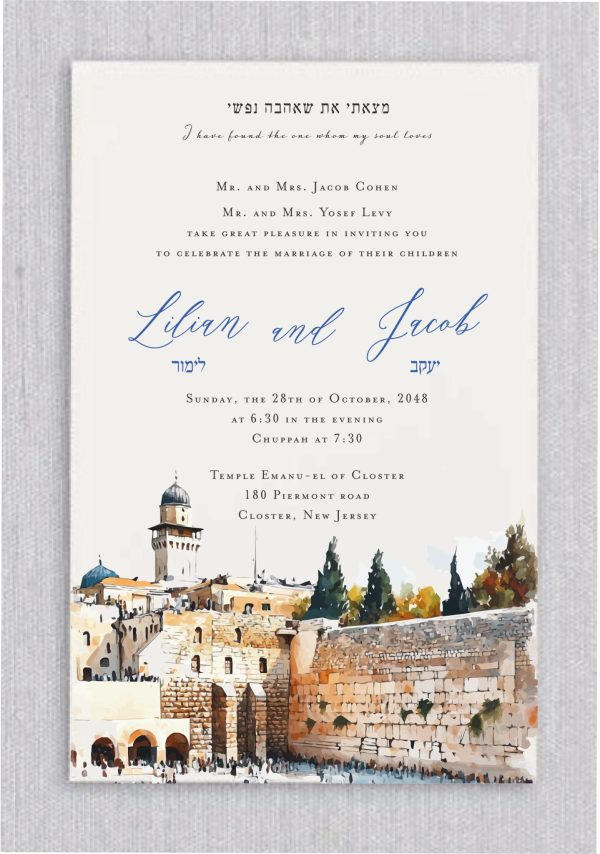 Set against the backdrop of the holiest site in Judaism, this invitation celebrates the beauty of marriage under the chuppah, symbolizing peace, love, and spiritual unity. The heading, gracefully inscribed in both Hebrew and English, reads: "I have found the one whom my soul loves" — a timeless verse that brings poetic depth and heartfelt meaning to the design. The names of the bride and groom are displayed in a contemporary, stylish font in both languages, blending tradition with modern aesthetics. Every detail of this invitation is crafted to honor heritage while celebrating a deeply personal love story.