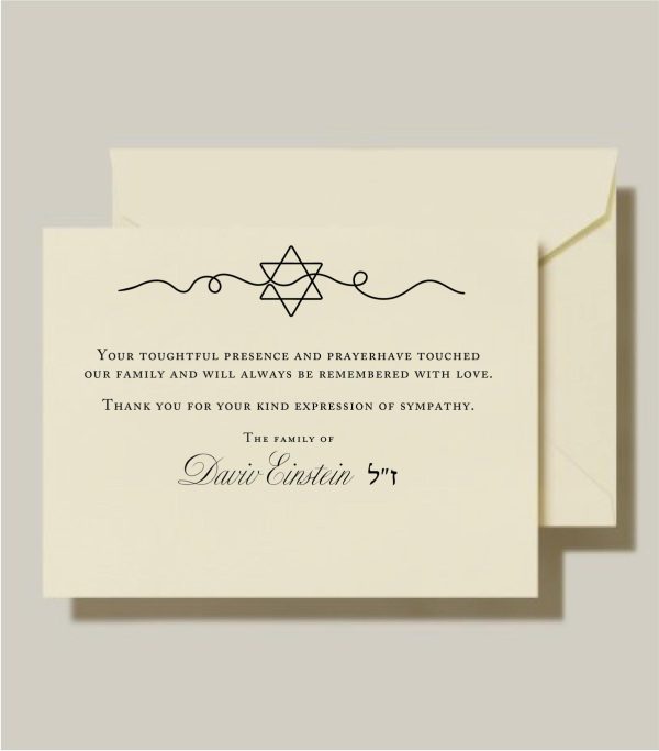 Our Unique Star of David Jewish Sympathy Cards provide a heartfelt way to express your appreciation during a challenging time. With a distinctive design showcasing the Star of David embraced and the Hebrew phrase "Z"L Zikhrono Livracha" (זכרונה לברכה) meaning "of blessed memory," these cards are thoughtfully crafted to be sent after a Jewish funeral, allowing you to convey your gratitude with grace and sincerity.