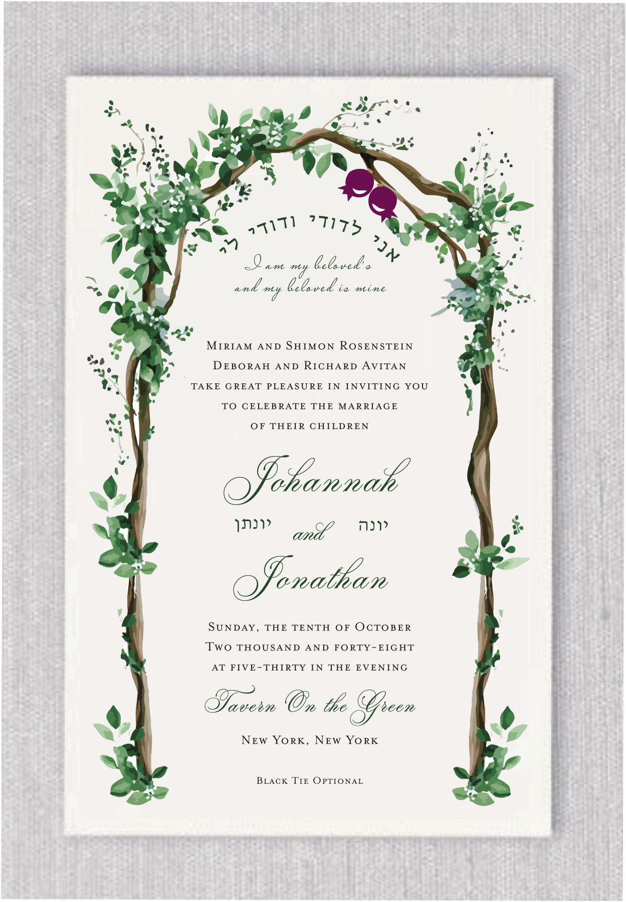 Celebrate your sacred union with this Green Watercolor Chuppah Arch Jewish Wedding Invitation, a beautifully hand painted design inspired by the timeless symbolism of Jewish wedding traditions. Perfect for couples planning a romantic outdoor Jewish ceremony or a meaningful celebration beneath the chuppah under the open sky, this invitation blends nature, faith, and love in one stunning piece. Featuring soft watercolor greenery and floral branches, the arch evokes the chuppah — the symbolic Jewish wedding canopy representing the home the couple will build together. This artistic portrayal highlights the roots of Jewish life, filled with deep meaning: unity, shelter, love, and the Divine presence (Shechinah). At the center of the design, the beloved verse “I am my beloved’s, and my beloved is mine” is displayed in both Hebrew and English, offering a spiritual and poetic touch to your Jewish wedding celeberation. The couple’s names are showcased in elegant script, with optional space for Hebrew names, blending tradition with personalization. To complete the look, don’t forget to add our luxurious hand lined envelopes, thoughtfully crafted to elevate your invitation suite. Our signature moss green liners pair beautifully with the lush greenery in the invitation design, creating a cohesive and nature inspired presentation your guests will remember.