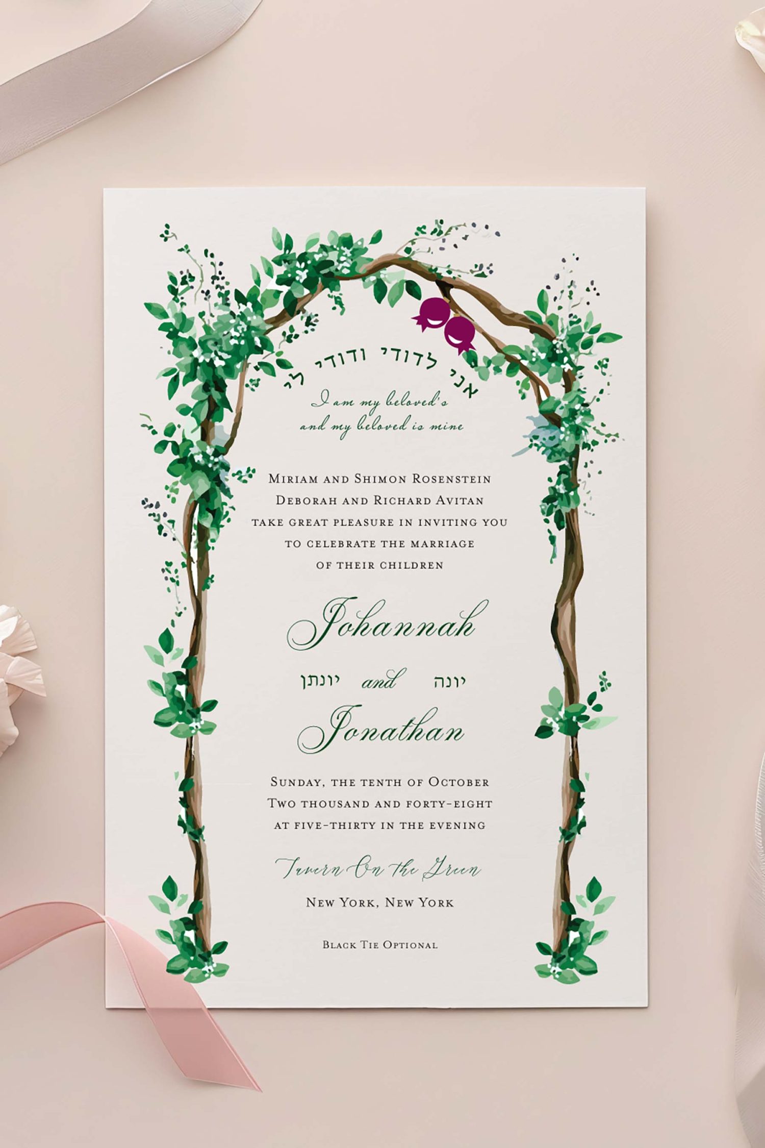 Celebrate your sacred union with this Green Watercolor Chuppah Arch Jewish Wedding Invitation, a beautifully hand painted design inspired by the timeless symbolism of Jewish wedding traditions. Perfect for couples planning a romantic outdoor Jewish ceremony or a meaningful celebration beneath the chuppah under the open sky, this invitation blends nature, faith, and love in one stunning piece. Featuring soft watercolor greenery and floral branches, the arch evokes the chuppah — the symbolic Jewish wedding canopy representing the home the couple will build together. This artistic portrayal highlights the roots of Jewish life, filled with deep meaning: unity, shelter, love, and the Divine presence (Shechinah). At the center of the design, the beloved verse “I am my beloved’s, and my beloved is mine” is displayed in both Hebrew and English, offering a spiritual and poetic touch to your Jewish wedding celeberation. The couple’s names are showcased in elegant script, with optional space for Hebrew names, blending tradition with personalization. To complete the look, don’t forget to add our luxurious hand lined envelopes, thoughtfully crafted to elevate your invitation suite. Our signature moss green liners pair beautifully with the lush greenery in the invitation design, creating a cohesive and nature inspired presentation your guests will remember.