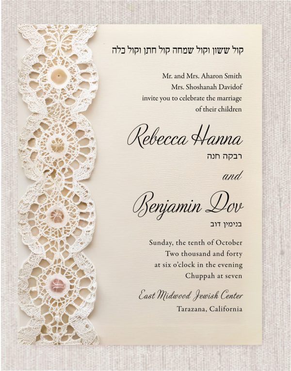 Celebrate your special day with this elegant paperless Jewish wedding invitation, designed with a delicate lace-style border and refined, neutral tones. Created for effortless sharing, this digital invitation combines tradition and modern convenience in a beautiful Hebrew and English layout. Perfect for sending via WhatsApp, email, SMS, and social media, this paperless design includes the couple’s names, parents’ names, date, time, and Chuppah ceremony details. It is an ideal choice for Orthodox, traditional, and modern Jewish weddings. This invitation is delivered as a high-resolution digital file and is fully customizable to match your unique celebration