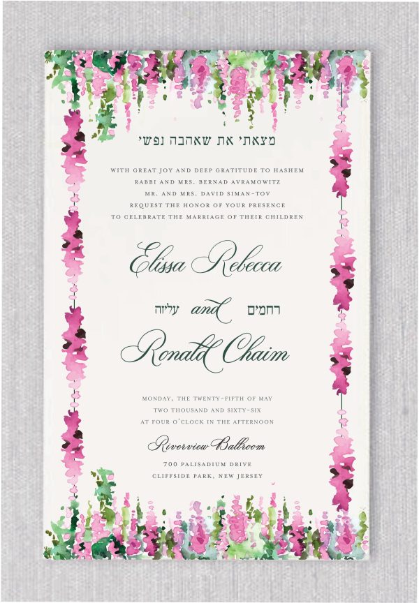This invitation is a true work of art, featuring a hand-painted watercolor frame that brings a soft, organic beauty to the design. The botanical elements are rendered with incredible detail, creating a lush border that feels both modern and timeless.  The invitation features a beautiful and meaningful Hebrew verse at the top, "Matzati et she’ahava nafshi" (מצאתי את שאהבה נפשי), which translates to "I have found the one whom my soul loves." This sentence is set in a large, dominant font to serve as the focal point of the design, immediately setting a tone of deep devotion. Beneath this header, the primary names are displayed in a fancy, elegant script that flows across the page, while the Hebrew names are traditionally placed on the sides to maintain a balanced and classic aesthetic.
