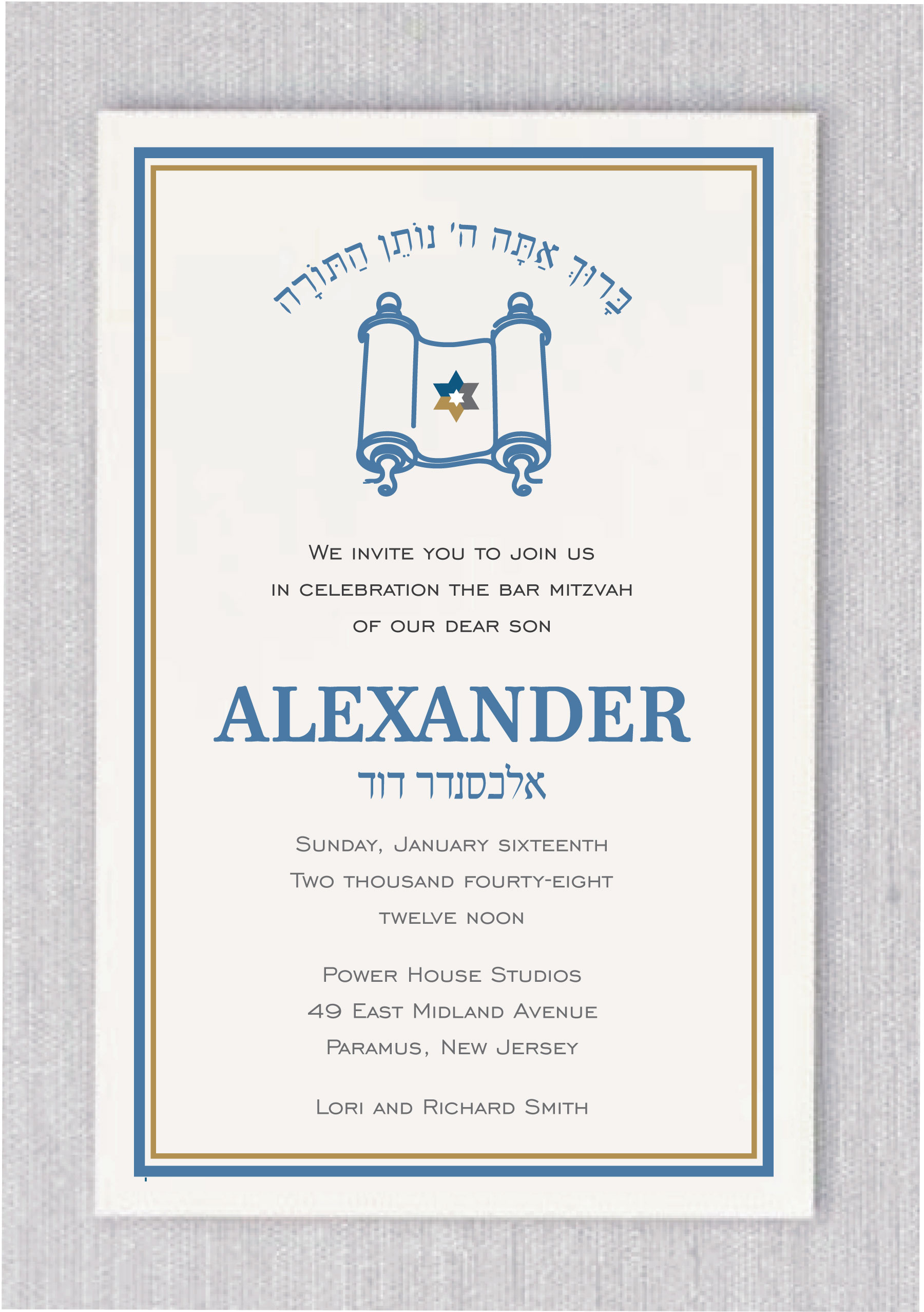 Traditional Torah Bar Mitzvah Invitation. This elegant design features a beautifully detailed Torah Scroll and the Star of David, perfectly capturing the sanctity of your son’s first Aliyah. The top of the invitation features the powerful Hebrew blessing “Notein HaTorah” (Giver of the Torah), setting a spiritual tone for the ceremony. Printed on high-quality card stock, this invitation is the perfect choice for families who value heritage and classic style.
