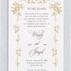 This vintage inspired Jewish wedding invitation features a formal and fancy design centered around a detailed Chuppah in gold ink. At the top of the Chuppah is the traditional phrase 