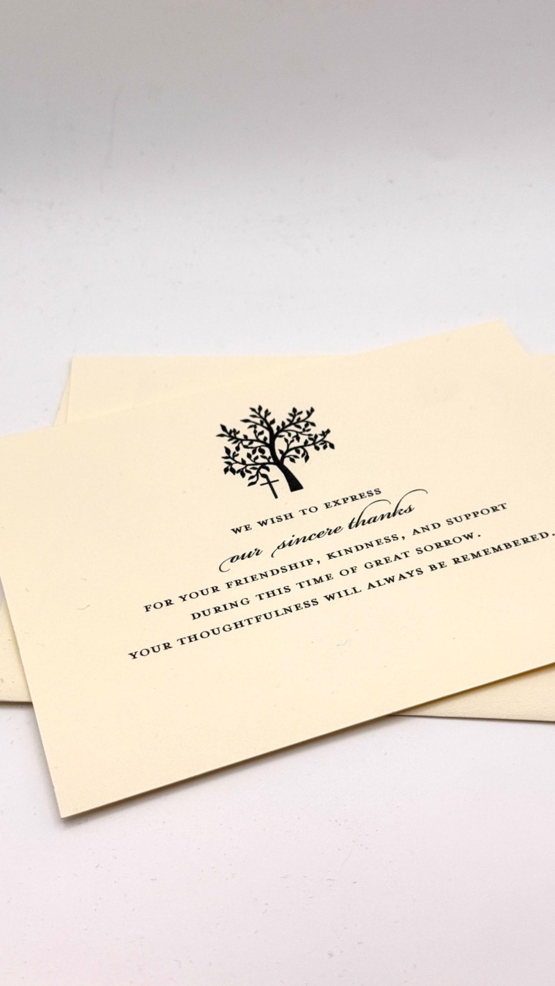 Express your heartfelt gratitude with our elegant Cross Sympathy Acknowledgement Cards. Featuring a minimalist Cross design and a modern tree of life, these cards provide a dignified way to thank friends and family for their support during a difficult time.