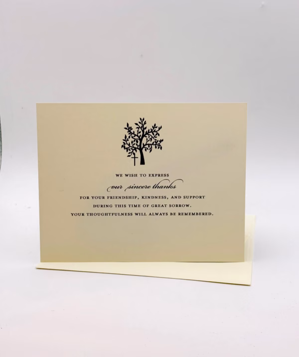 Express your heartfelt gratitude with our elegant Cross Sympathy Acknowledgement Cards. Featuring a minimalist Cross design and a modern tree of life, these cards provide a dignified way to thank friends and family for their support during a difficult time.
