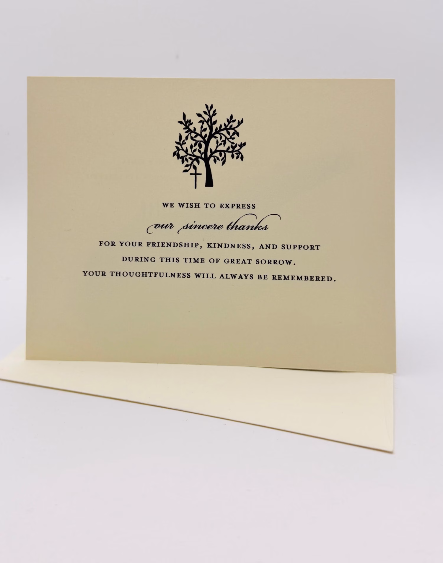 Express your heartfelt gratitude with our elegant Cross Sympathy Acknowledgement Cards. Featuring a minimalist Cross design and a modern tree of life, these cards provide a dignified way to thank friends and family for their support during a difficult time.