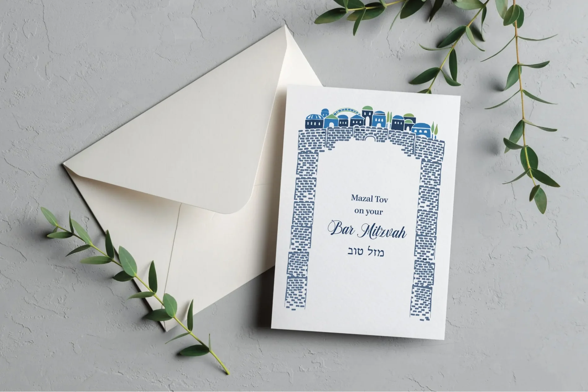 Celebrate this significant milestone with our Modern Bar Mitzvah Greeting Cards. This design features a distinctive Jerusalem border inspired by the historic Wailing Wall, accented with elegant bluish shades for a truly unique look. Each card is printed on our signature 130lb. premium heavy ecru cardstock using professional presses to ensure a high-end, tactile feel. The inside message is thoughtfully written to honor the occasion: "Sharing in the happiness that your Bar Mitzvah brings and wishing you a future filled with all of life's good things."