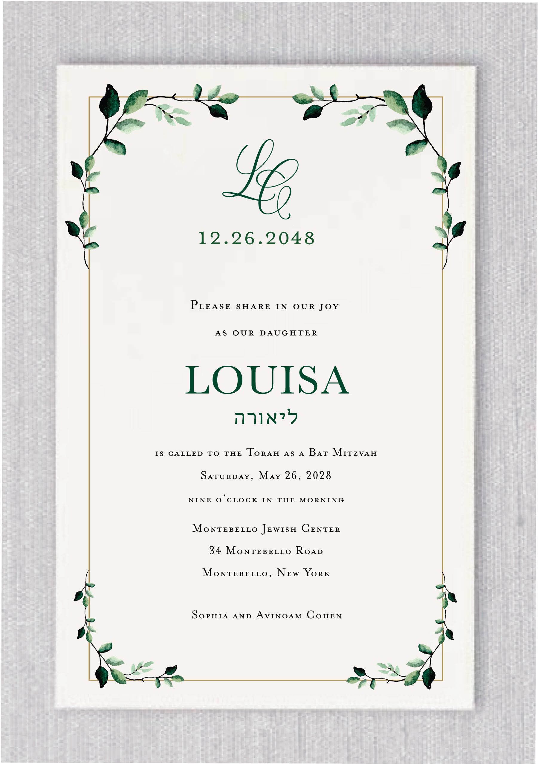 This modern Bat Mitzvah invitation features a lush, full greenery border that frames a crisp gold geometric square. The design is clean and airy, perfectly balancing a romantic garden feel with a modern edge. At the top, the girl’s monogram is elegantly displayed in a fancy, girly font. Her first name dominates the header in a vibrant greenery color, creating a bold yet sophisticated focal point. The body of the invitation uses clean, professional typography that is easy to read, making the entire suite feel high-end and designer-led.