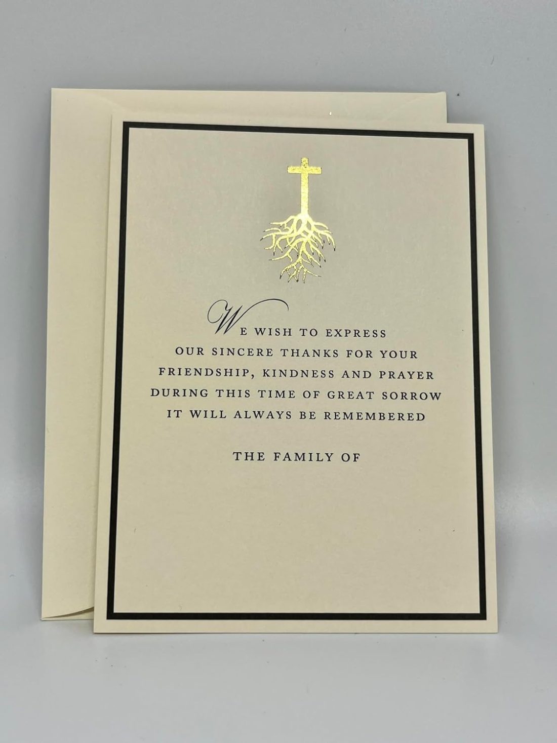Introducing our Modern Gold Foil Cross Sympathy Cards, thoughtfully designed to offer light and support during difficult times. Featuring a stunning gold foil cross, these condolence cards come with matching envelopes, making them perfect for expressing your heartfelt condolences. Measuring 5.5" x 4.25", each card is crafted from premium 130lb paper for a substantial and luxurious feel. This pack includes 10 cards featuring an elegant black border and 10 euro flap envelopes, perfect for reaching out to multiple individuals or families. Each card offers ample space for your family name and a personal message, making it easy to express your heartfelt sentiments.