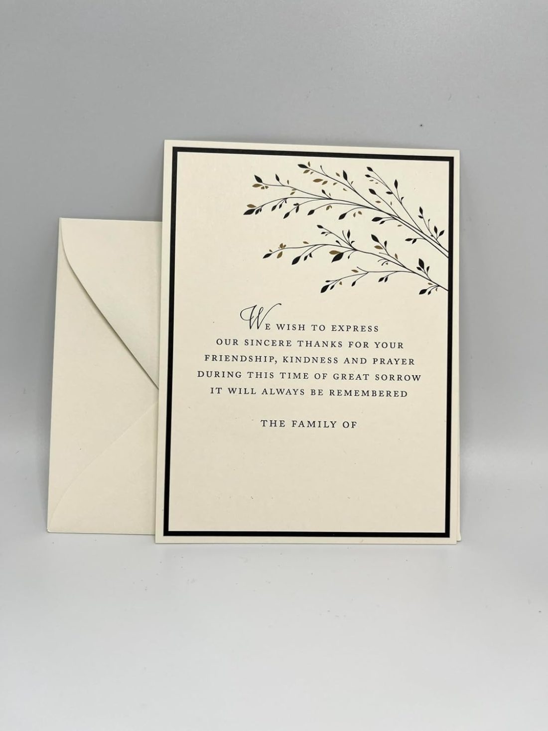 Introducing our stunning Gold leaves branches Sympathy Cards and matching envelopes! These elegant and unique cards are designed to offer a ray of light and support to those facing challenging times. Each card measures 5.5" x 4.25" and is crafted from high-quality 130lb paper, providing a smooth texture and substantial weight for a truly premium feel. Our printing process combines digital techniques, resulting in a crisp and vibrant depiction of the beautiful branches in gold and black. The intricate details create a striking visual impact that is sure to resonate with the recipient. Each card offers ample space for your family name and a personal message, making it easy to express your heartfelt sentiments. When you send our cards, your friends will immediately notice the difference. Crafted from high-quality paper and featuring exquisite printing, these are anything but generic greeting cards.
