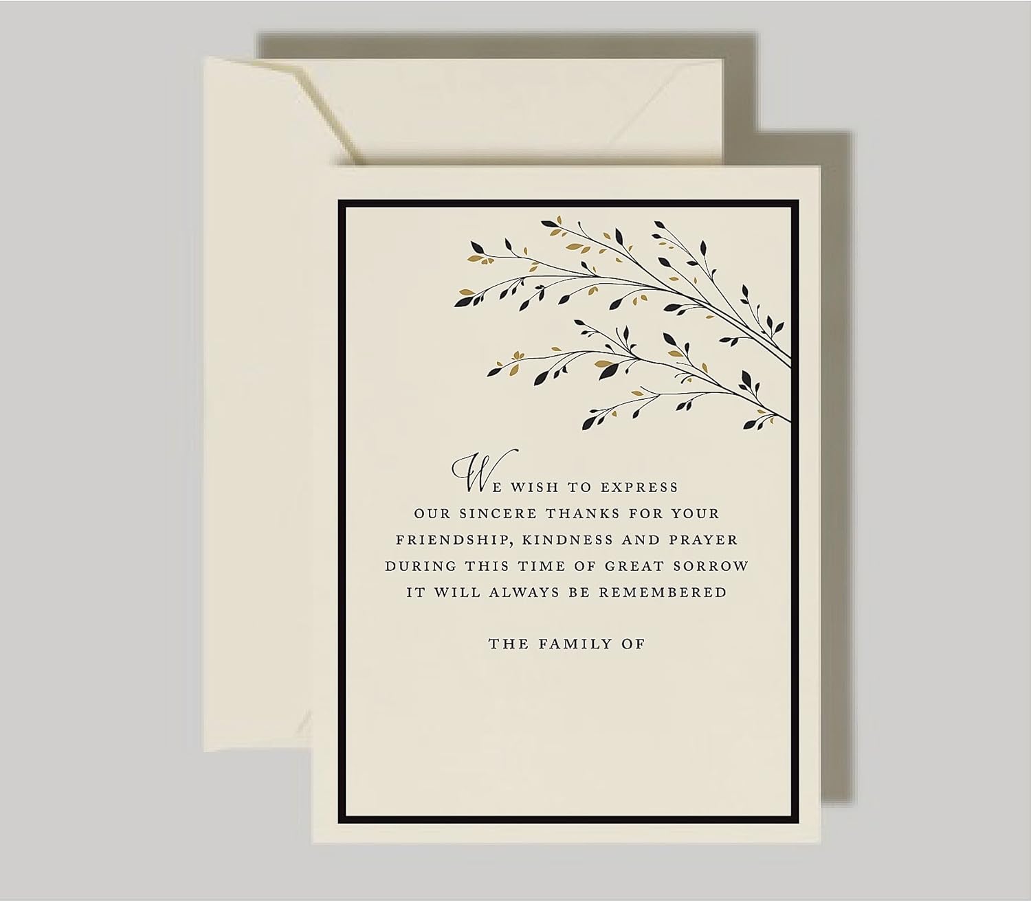Introducing our stunning Gold leaves branches Sympathy Cards and matching envelopes! These elegant and unique cards are designed to offer a ray of light and support to those facing challenging times. Each card measures 5.5" x 4.25" and is crafted from high-quality 130lb paper, providing a smooth texture and substantial weight for a truly premium feel. Our printing process combines digital techniques, resulting in a crisp and vibrant depiction of the beautiful branches in gold and black. The intricate details create a striking visual impact that is sure to resonate with the recipient. Each card offers ample space for your family name and a personal message, making it easy to express your heartfelt sentiments. When you send our cards, your friends will immediately notice the difference. Crafted from high-quality paper and featuring exquisite printing, these are anything but generic greeting cards.