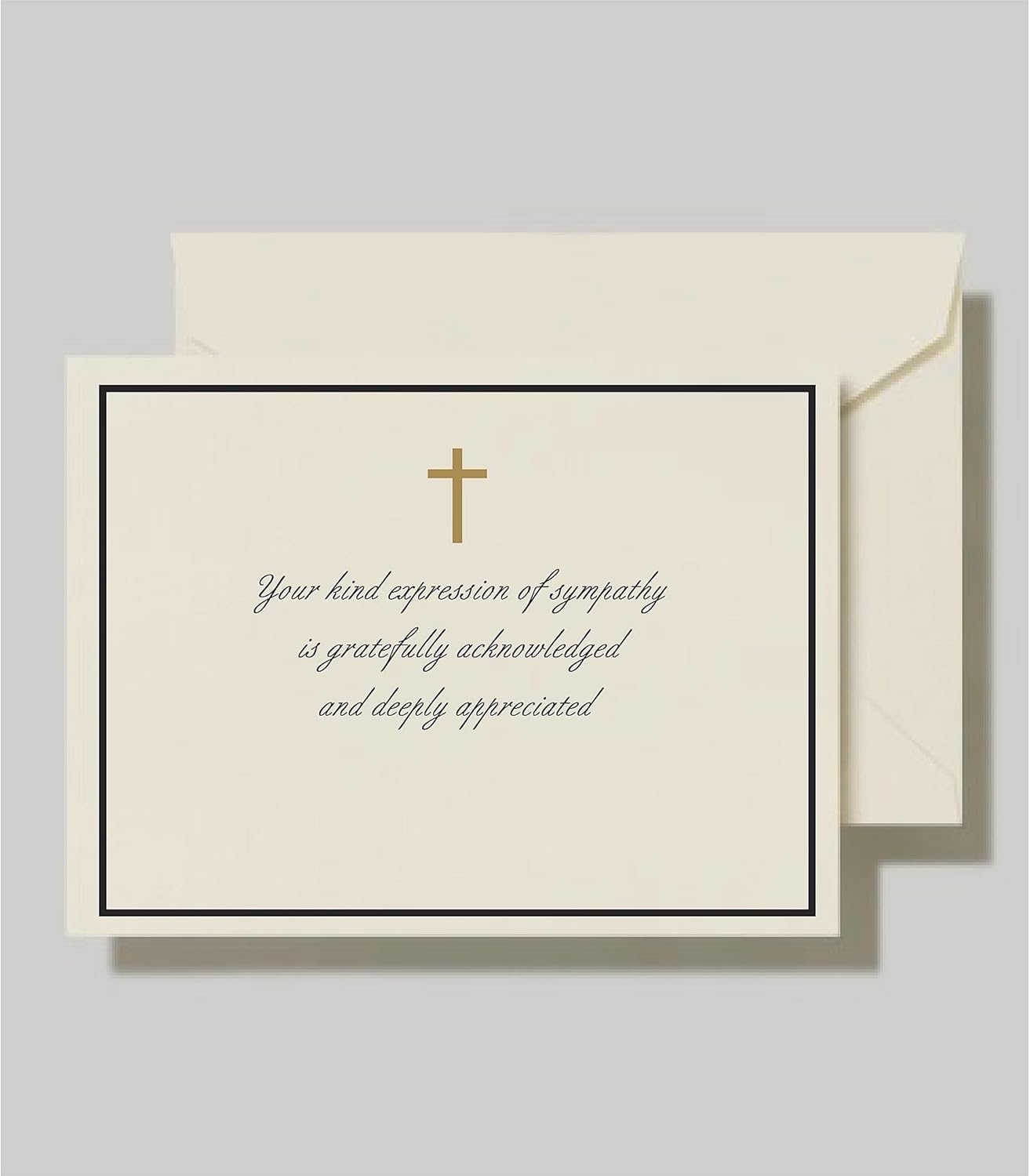 Our Christian Sympathy Thank You Cards provide a graceful and dignified way to acknowledge the kindness of friends and family during a difficult time. This design features a shimmering gold foil cross centered within a sophisticated black border, paired with an elegant script that reads, "Your kind expression of sympathy is gratefully acknowledged and deeply appreciated." Each card is printed on our signature 130lb. premium heavy ecru cardstock using professional presses to ensure a high-end, tactile feel. These are flat note cards, offering a clean and polished look for your personal acknowledgments.