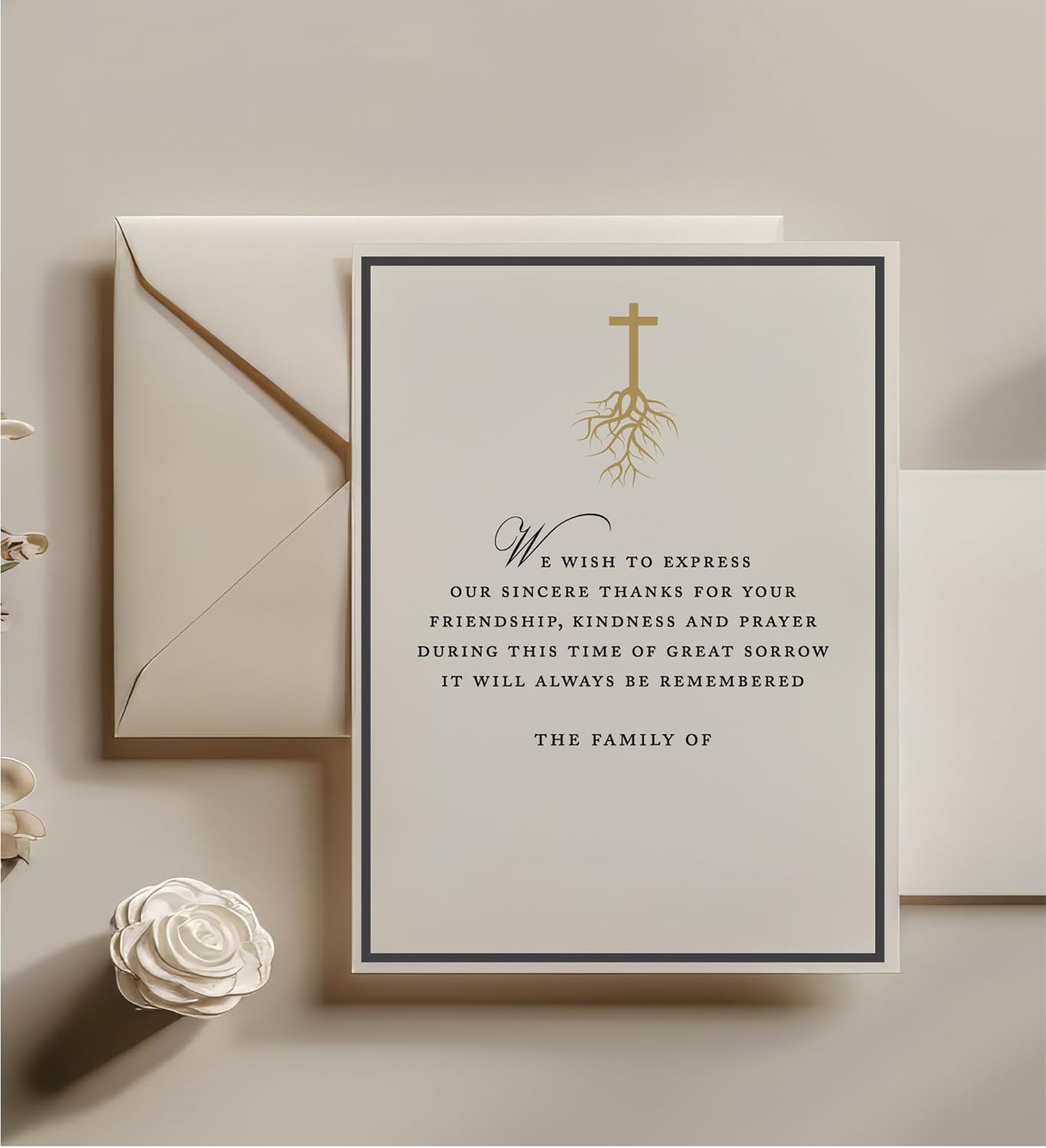 Introducing our Modern Gold Foil Cross Sympathy Cards, thoughtfully designed to offer light and support during difficult times. Featuring a stunning gold foil cross, these condolence cards come with matching envelopes, making them perfect for expressing your heartfelt condolences. Measuring 5.5" x 4.25", each card is crafted from premium 130lb paper for a substantial and luxurious feel. This pack includes 10 cards featuring an elegant black border and 10 euro flap envelopes, perfect for reaching out to multiple individuals or families. Each card offers ample space for your family name and a personal message, making it easy to express your heartfelt sentiments.