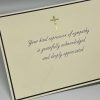 Our Christian Sympathy Thank You Cards provide a graceful and dignified way to acknowledge the kindness of friends and family during a difficult time. This design features a shimmering gold foil cross centered within a sophisticated black border, paired with an elegant script that reads, 