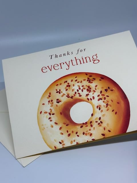 Everything Bagel Thank You Card Show them you appreciate "everything" with this playful and modern Everything Bagel Greeting Card. Featuring a hand-illustrated bagel design and a witty pun, this folded card is a unique way to send a smile along with your gratitude. Each card is printed on our signature 130lb. premium heavy ecru cardstock using professional presses to ensure a high-end, tactile feel. The inside is left blank, giving you plenty of space for your own personal message.