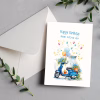 A charming bilingual birthday card featuring “Happy Birthday” in English and “יום הולדת שמח” (Yom Huledet Sameach) in Hebrew. The front design showcases a beautifully illustrated blue scooter adorned with flowers, colorful balloons, and a soft watercolor background. Perfect for sending warm birthday wishes with a unique artistic touch. Proudly 100% made in America *Jewish woman-owned * 5 cards and 5 matching envelopes Inside: Love and Happy Wishes for a wonderful Celebration, Mazal Tov מזל טוב