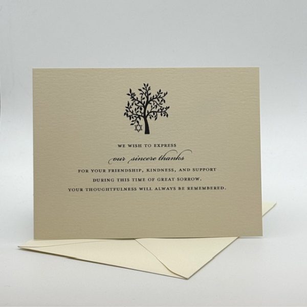 Jewish sympathy thank you card on ecru stock with a Tree of Life and Star of David, reading "We wish to express our sincere thanks… Your thoughtfulness will always be remembered," shown with a coordinating envelope