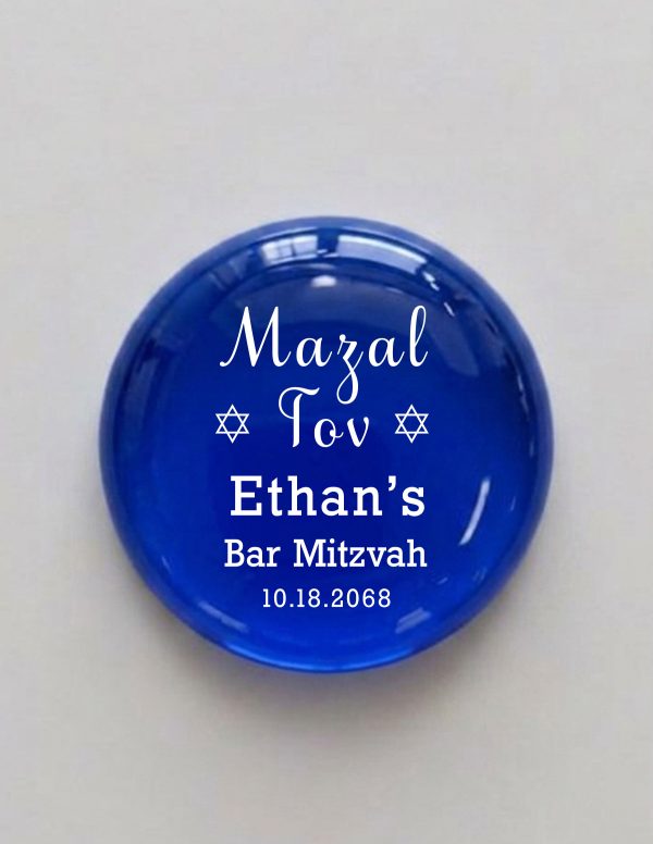 Mazal Tov Bar Mitzvah Printed Glass Stones, Mazal Tov — flanked by two Magen David, above the name and date, in clean white on rich translucent glass. A favor that reads as a keepsake, not a throwaway.