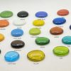 Glass stone color chart — printed glass stones in green, black, dark blue, red, orange, white, yellow, aqua blue, light blue, lime green, amber, teal, emerald, amethyst, and lime