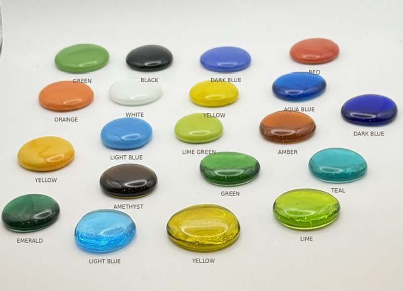 Glass stone color chart — printed glass stones in green, black, dark blue, red, orange, white, yellow, aqua blue, light blue, lime green, amber, teal, emerald, amethyst, and lime